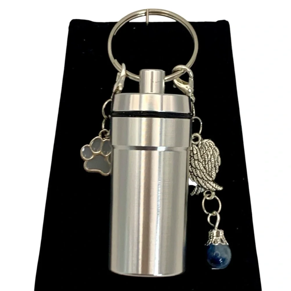 Pet Cremation Urn Silver Stainless Steel Memorial Keepsake Cylinder Keychain